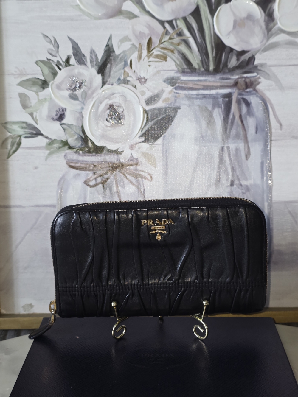 Prada Black Napa Pleated Leather Zip-Around Women's Wallet W/box